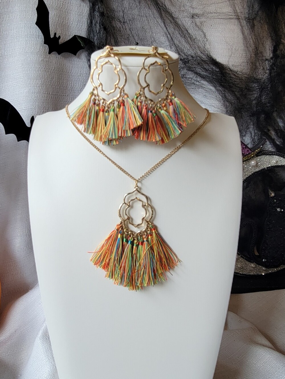 Clover Rainbow Fringe Necklace and Earrings on Gold Chain